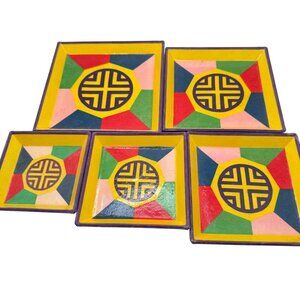 Korean Hanji Lacquered Nesting Square Trays Set 5 Stackable Decor Multicolor Vtg